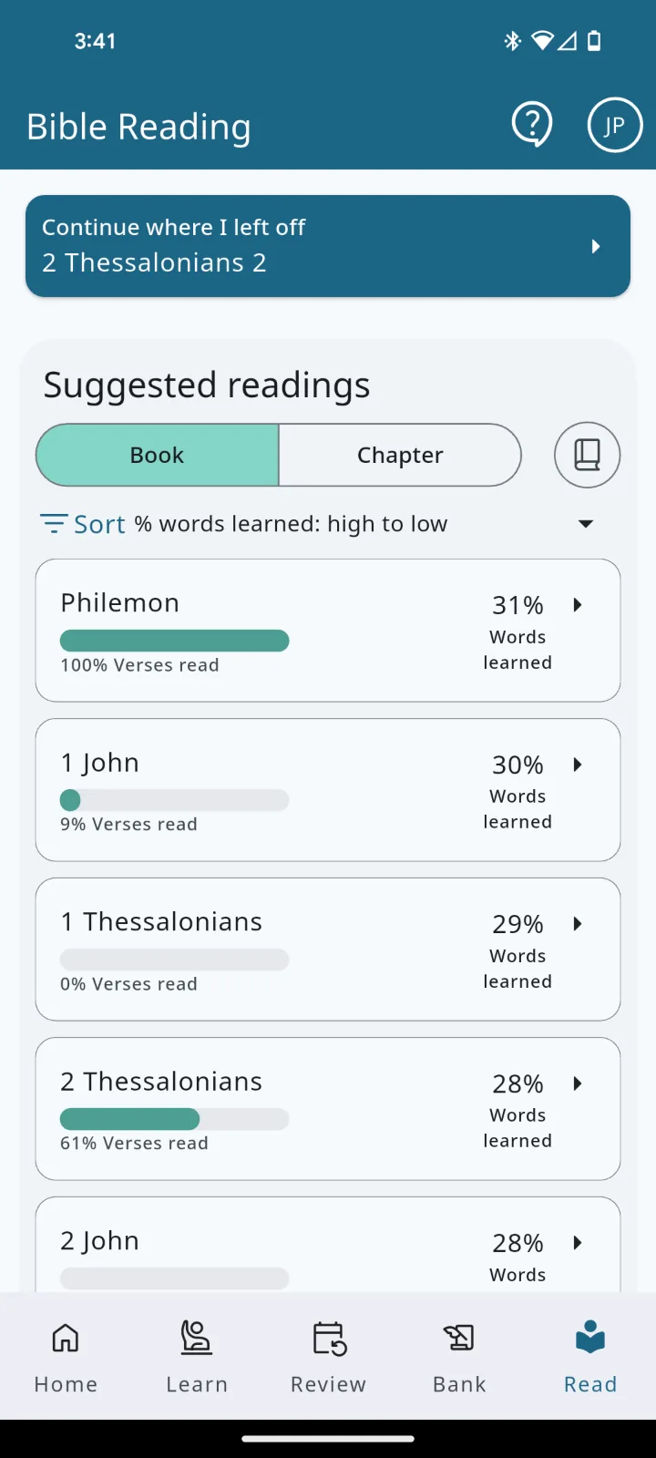 The Biblingo Bible reading tab — suggested readings sorted by percentage of words learned, each with a verses-read progress bar.