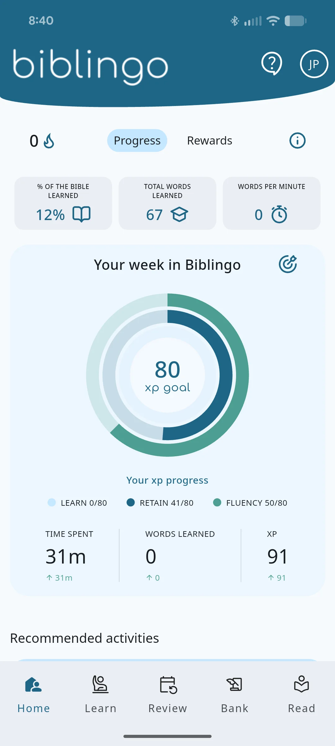 Biblingo mobile home dashboard — weekly XP goal, streak, and words learned