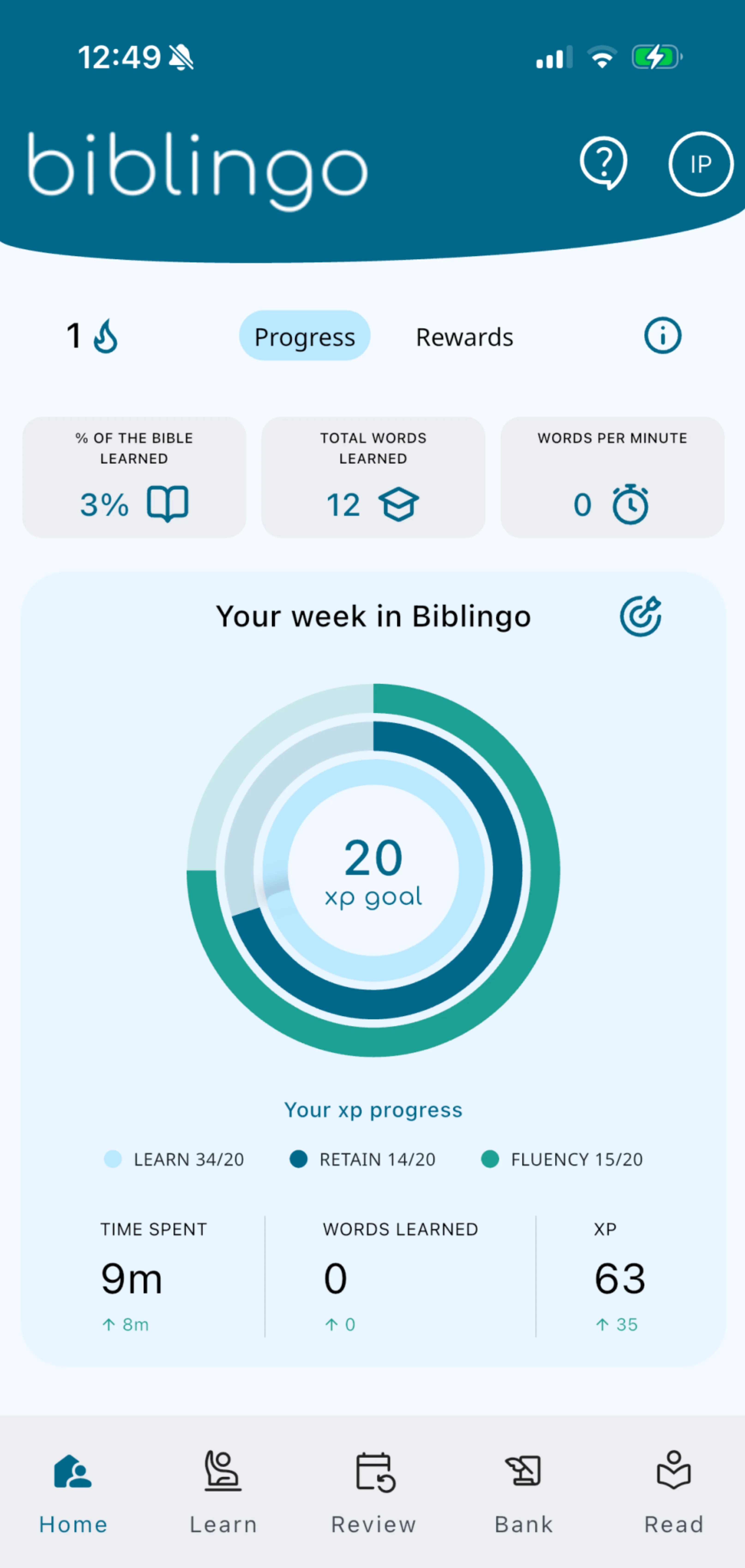 Painel inicial do Biblingo no celular — meta semanal de XP, sequência e palavras aprendidas