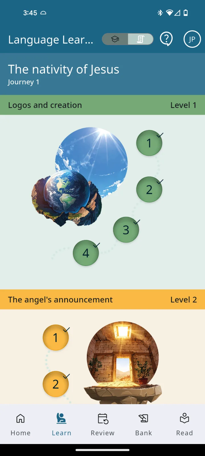 The Biblingo learning app — the 'Logos and creation' journey with a gamified lesson pathway of completed nodes over an illustration of a floating-island earth.