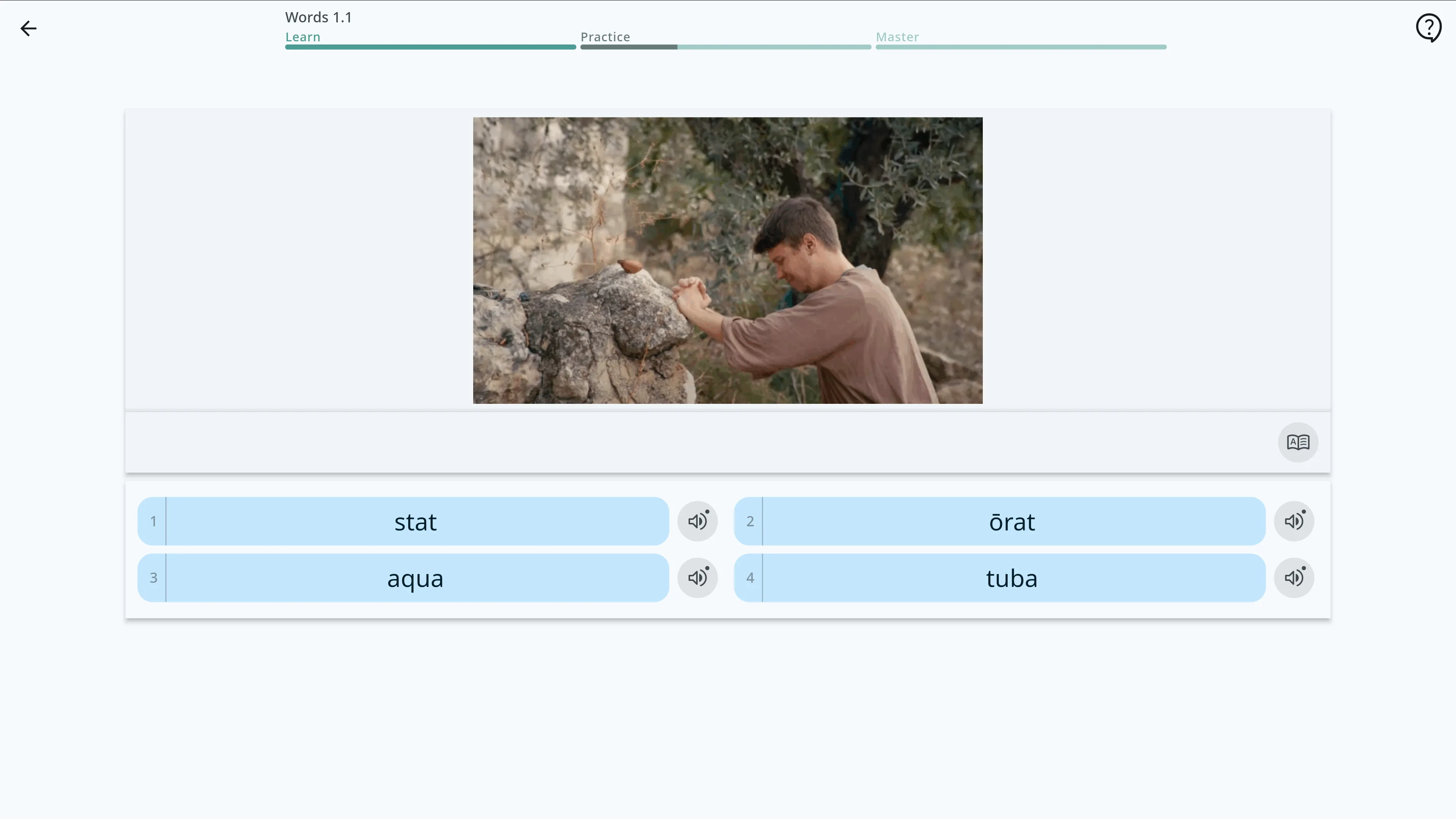 A Biblingo Latin lesson on the web app — the words stat, ōrat, aqua, and tuba paired with imagery of the biblical world