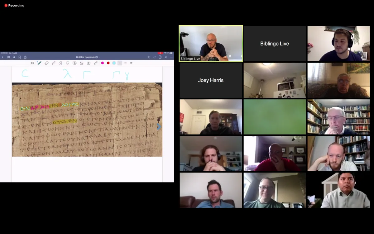 A Biblingo Live session — a grid of participants on a video call studying a Greek papyrus manuscript shared on screen.